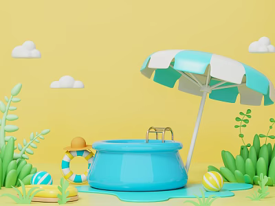 Exhibition Hall Featuring Small Blue Pool Blue White Striped Umbrella Yellow Background Clouds And Green Plants 3d model