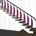 Modern Staircase With Black Railings Purple Circular Decorations And White Wall