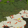 Garden Water Feature With Lotus Leaves Flowers And Swimming Koi Fish