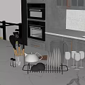 Modern Kitchen Interior With White Countertop Black Utensil Holder And Silver Cutlery