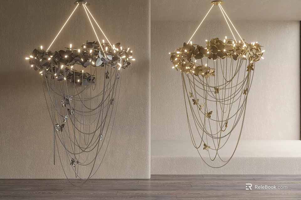 Ornate Layered Chandelier With Metallic Chains Decorative Pendants And Warm Lighting 3d model 