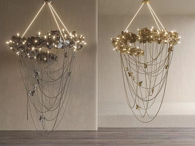Ornate Layered Chandelier With Metallic Chains Decorative Pendants And Warm Lighting 3d model