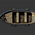 Wooden Boat Blue And Red Painted With Wooden Seats And Two Tires On Sides