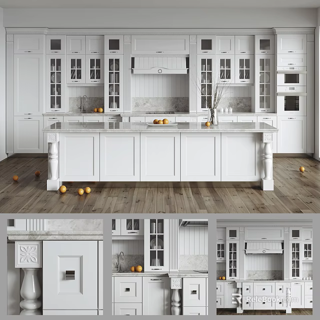 Modern Kitchen Design With White Cabinets Island Counter And Wooden Floor 3d model 