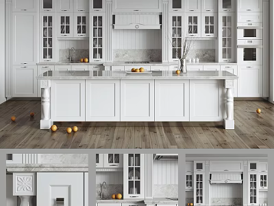 Modern Kitchen Design With White Cabinets Island Counter And Wooden Floor 3d model