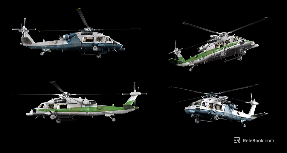 Four Helicopters With Different Colors And Various Designs On Black Background 3d model