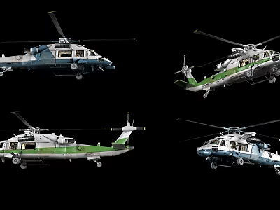 Four Helicopters With Different Colors And Various Designs On Black Background 3d model