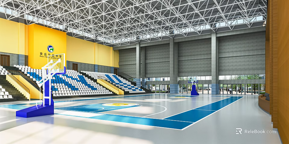 Modern Basketball Gym With Blue Floor Yellow Walls Bleachers And Metal Roof Structure 3d model 