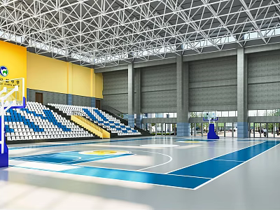 Modern Basketball Gym With Blue Floor Yellow Walls Bleachers And Metal Roof Structure 3d model