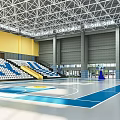 Modern Basketball Gym With Blue Floor Yellow Walls Bleachers And Metal Roof Structure