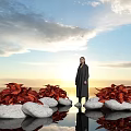 Stunning Red Flowers With White Stones And Standing Person By Water Reflection Under Sky