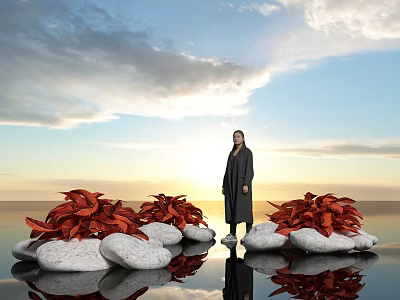 Stunning Red Flowers With White Stones And Standing Person By Water Reflection Under Sky 3d model