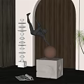 Modern Black Human Sculpture Leaping on Silver Sphere with White Cube Base