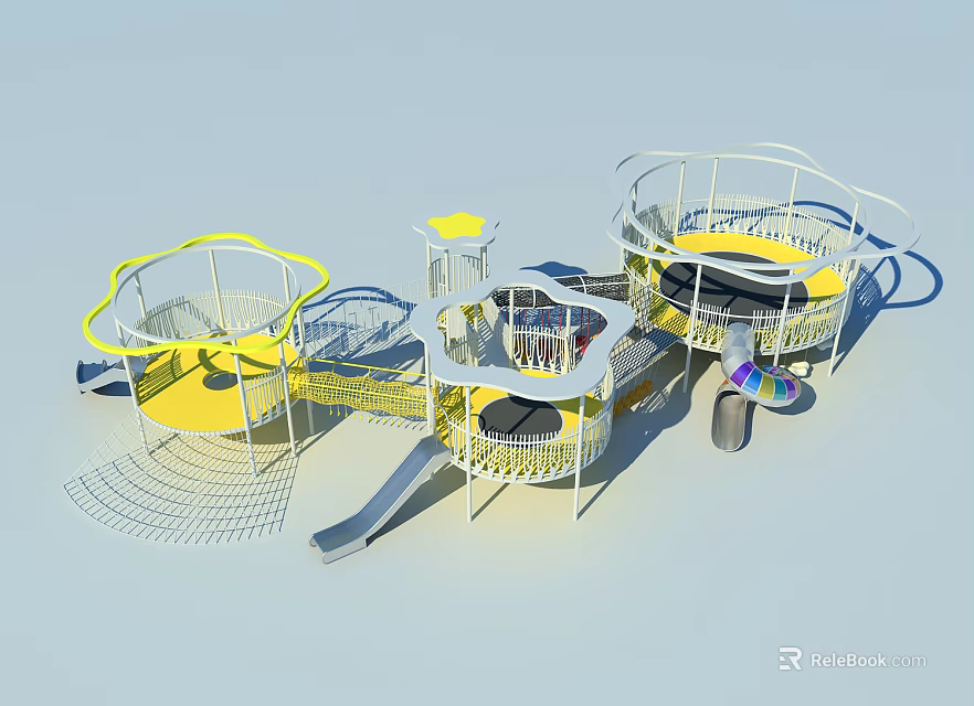 Playground Equipment With Circular Structures Yellow Platforms Slide And Net Climbing 3d model