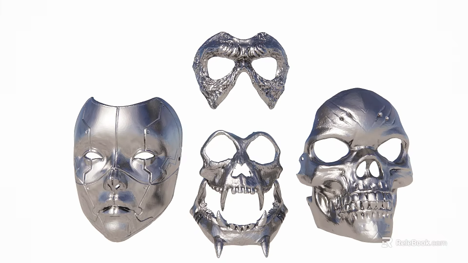 Silver Decorative Pendants Featuring Human Face Skull And Animal Mask Designs For Home Decoration 3d model 