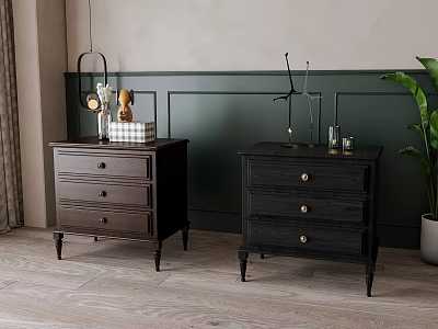 Two Dark Wooden Dressers With Drawers And Decorative Items Against Green Accent Wall 3d model