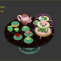 Ceramic Tableware Including Tea Pot Green Gold Rim Cups Saucers And Three Tier Dessert Stand