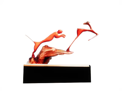 Red Animal Sculpture Featuring Leaping Panther And Antelope On Black Base 3d model