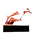 Red Animal Sculpture Featuring Leaping Panther And Antelope On Black Base