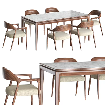 Modern Wooden Table And Chairs Set With Marble Top And Upholstered Seats 3d model