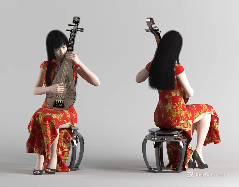 Woman in Red Cheongsam with Floral Patterns Playing Pipa on Metal Stool 3d model 
