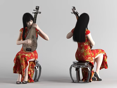 Woman in Red Cheongsam with Floral Patterns Playing Pipa on Metal Stool 3d model