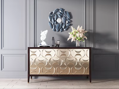 Golden Wavy Pattern Console Table Sideboard Cabinet With Decorations Flower Bouquet And Gray Wall Art 3d model
