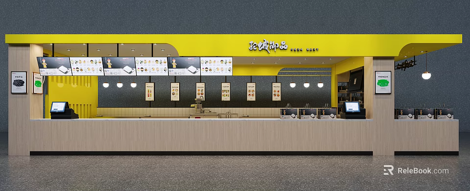 Shopping Mall Beverage Shop with Modern Counter Drink Menu Display Warm Lighting Decor 3d model 
