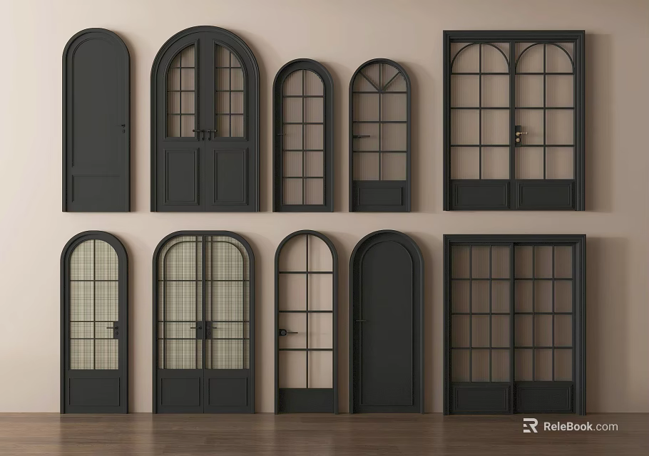 Black Swing Doors With Various Designs Including Arch And Glass Panels 3d model