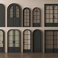 Black Swing Doors With Various Designs Including Arch And Glass Panels 3d model