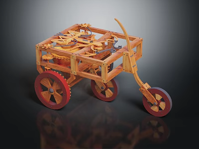Wooden Mechanical Cart Model with Intricate Gear System and Red Wheel Design 3d model
