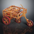 Wooden Mechanical Cart Model with Intricate Gear System and Red Wheel Design