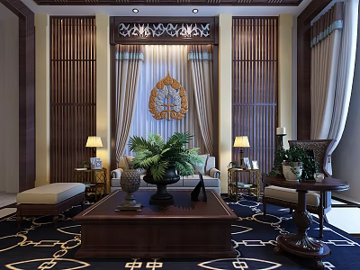 Chinese Style Sofa And Coffee Table Set With Potted Plant Table Lamps And Patterned Carpet 3d model