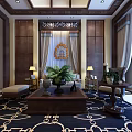 Chinese Style Sofa And Coffee Table Set With Potted Plant Table Lamps And Patterned Carpet