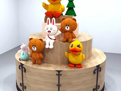 Plush Doll Collection Featuring Rabbit Bear Duck Pig on Wooden Tiered Stand 3d model
