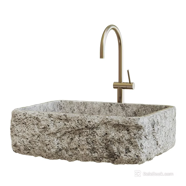Elegant Square Textured Natural Stone Washbasin With Golden Modern Faucet Design 3d model 
