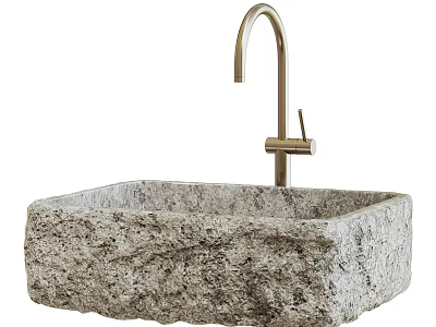 Elegant Square Textured Natural Stone Washbasin With Golden Modern Faucet Design 3d model