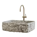 Elegant Square Textured Natural Stone Washbasin With Golden Modern Faucet Design
