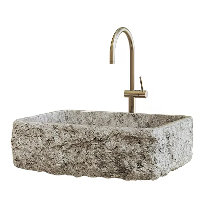 Elegant Square Textured Natural Stone Washbasin With Golden Modern Faucet Design 3d model