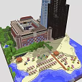Cartoon Scenery With Various Buildings Sandy Beach Blue Water And Green Plants