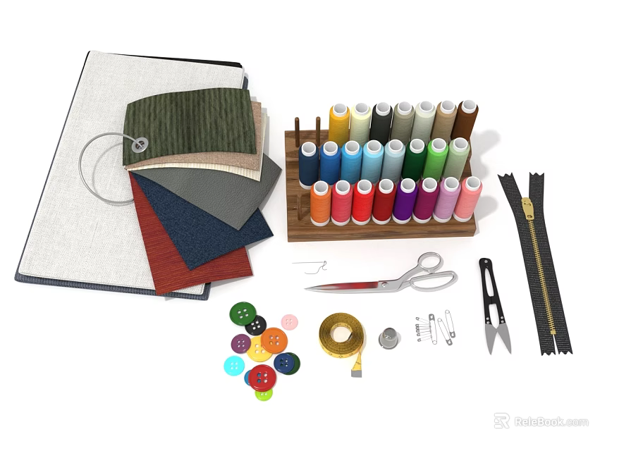 Assorted Sewing Supplies With Fabric Swatches Colored Thread Spools Tools Buttons Zippers And Scissors 3d model 