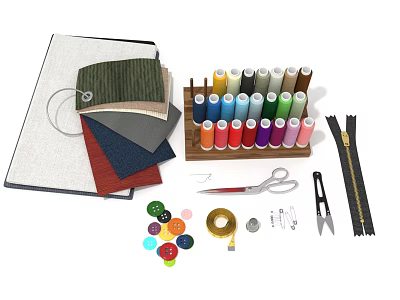 Assorted Sewing Supplies With Fabric Swatches Colored Thread Spools Tools Buttons Zippers And Scissors 3d model