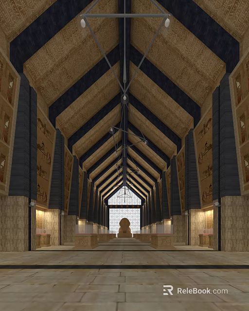 Spacious Hall Interior With Wooden Ceiling Dark Beams Decorative Panels Long Corridor And Central Window 3d model 