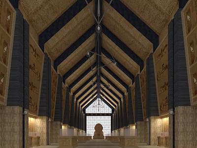 Spacious Hall Interior With Wooden Ceiling Dark Beams Decorative Panels Long Corridor And Central Window 3d model