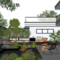 Modern Garden Courtyard With Water Feature Plants Outdoor Chairs And Patio Lighting