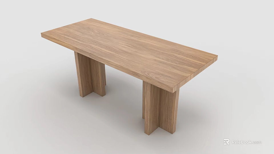 Long Modern Wooden Dining Table With Sturdy Legs And Natural Wood Grain 3d model 