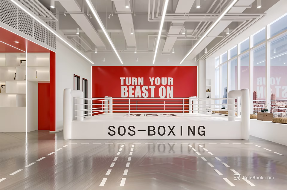 Modern SOS BOXING Exhibition Hall With White Boxing Ring And Red Motivational Backdrop 3d model 