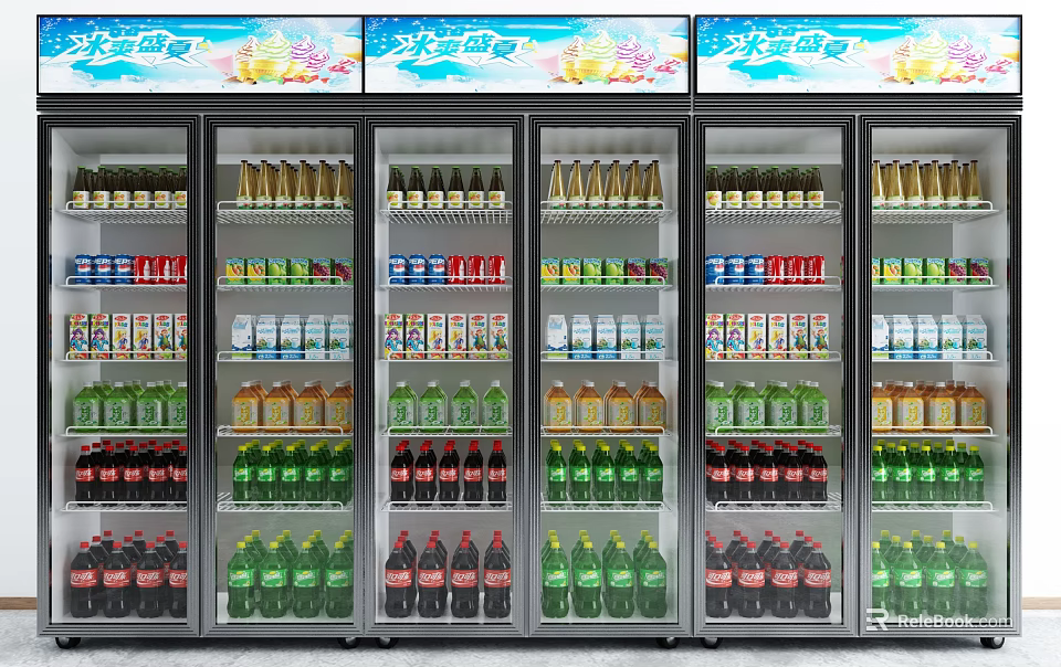 Multi Door Commercial Refrigerator Freezers Display Filled With Assorted Bottled Beverages 3d model 