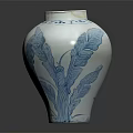 Traditional Blue and White Ceramic Vessel with Floral Bird Motifs and Reflection on Dark Background