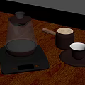 Electric Glass Kettle On Wooden Tabletop With Wooden Handle Container And Small Cup On Tray